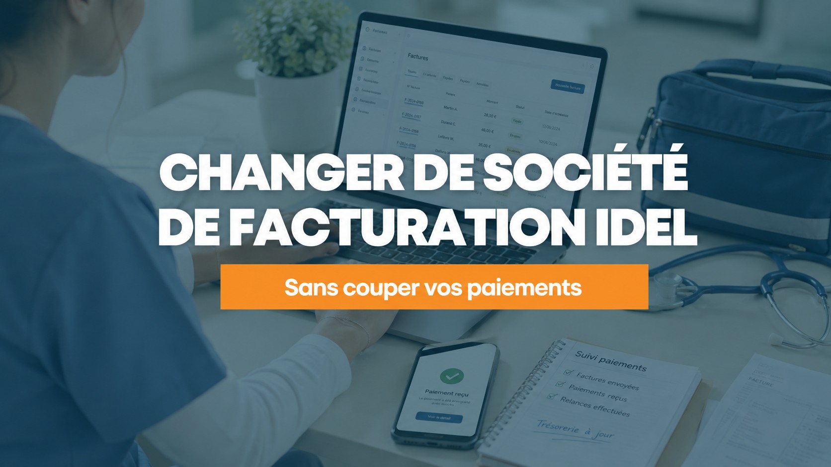Infirmière libérale vérifiant la télétransmission de ses factures sur logiciel agréé SESAM-Vitale